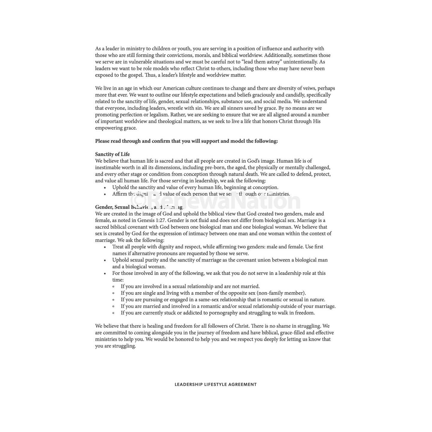 Leadership Lifestyle Agreement